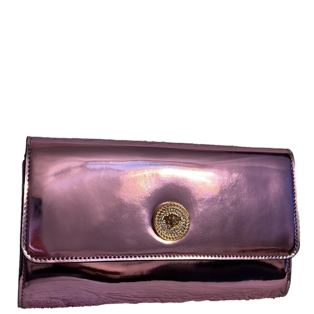 Versace La Medusa crystal logo metallic mirror leather clutch crossbody bag NEW